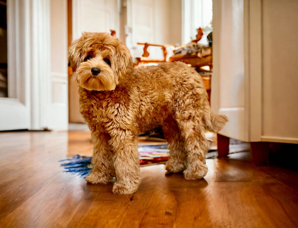 australian labradoodle in warm colored home